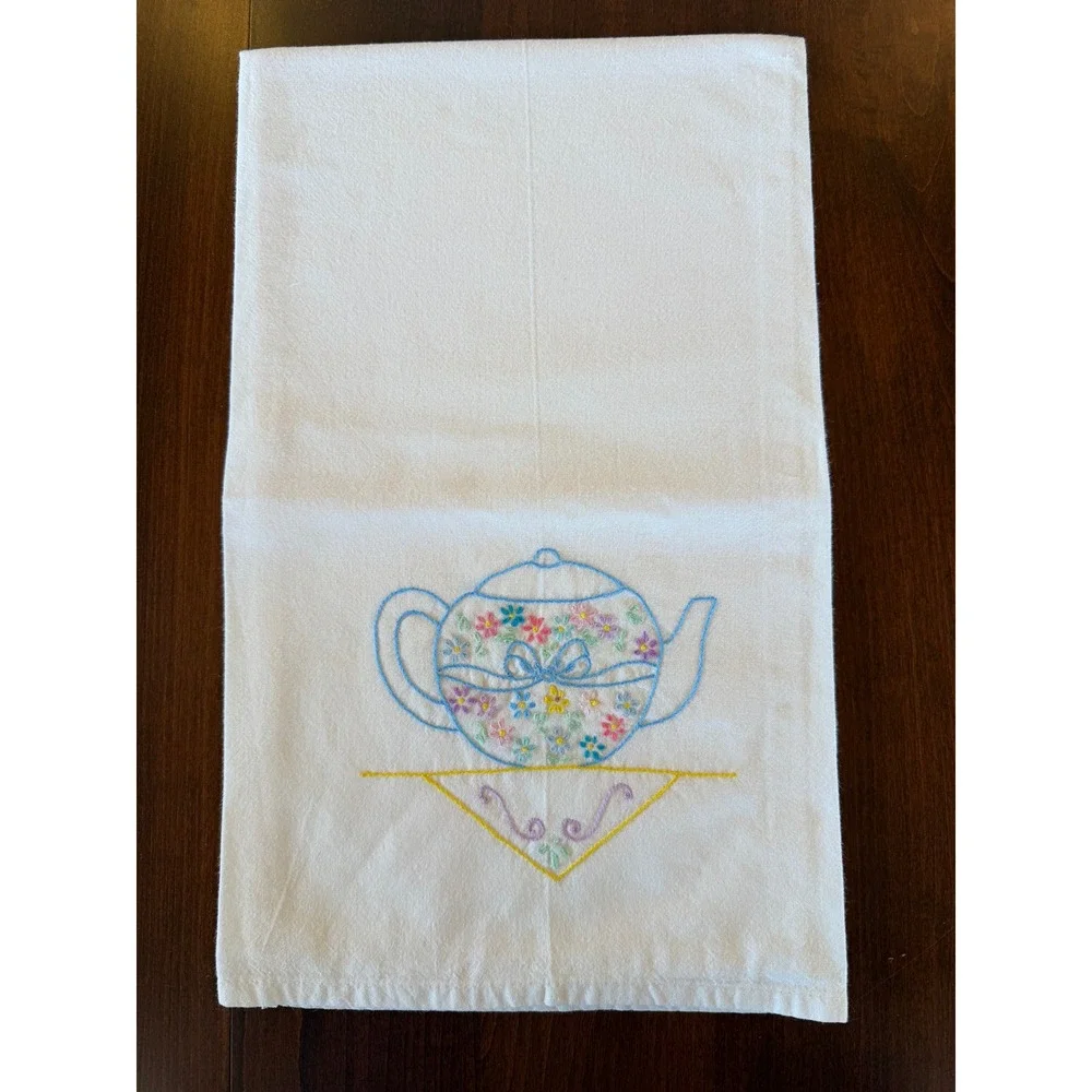 Vintage Hand Embroidered Teapot Floral White Cotton Tea Towel Cottagecore